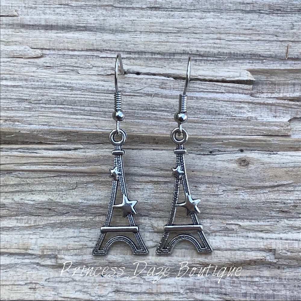 Silver Antique Paris Eiffel Tower Dangle‎ Earrings